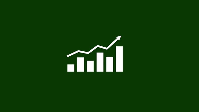 Minimalist White Bar Chart Animation with Fluctuating Trend Line Arrow Indicating Financial Volatility Business Growth and Stock Market Success Isolated on Green Background.