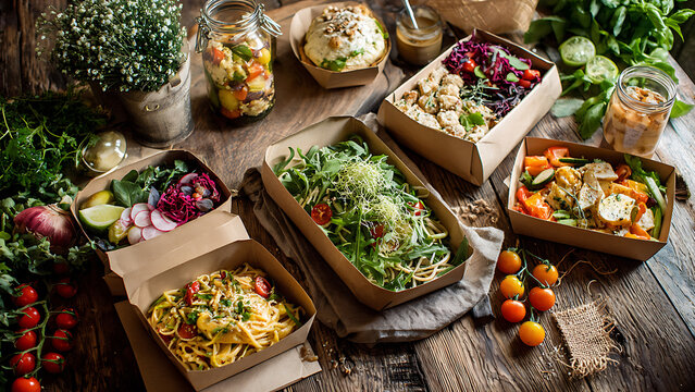 Assortment of Healthy Takeaway Meals and Fresh Ingredients.