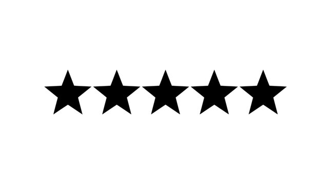 Five black stars symbol arranged in a row isolated on a white background