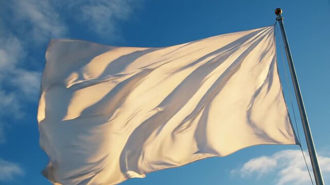 A white flag waves gently in the wind against a blue sky.