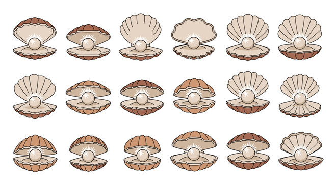 Collection of open clam shells with radiant glowing pearls presented in a grid on a clean white background.