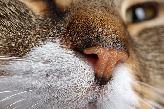 Close-up Macro Shot of a Tabby Cats Nose and Whiskers.