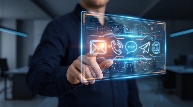 Businessman touching a glowing digital interface with communication icons like email and phone to symbolize modern business connectivity and digital messaging systems