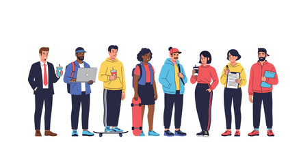 Obraz premium Group of diverse people standing together including professionals students and skaters with items like coffee laptops and clipboards in casual style.
