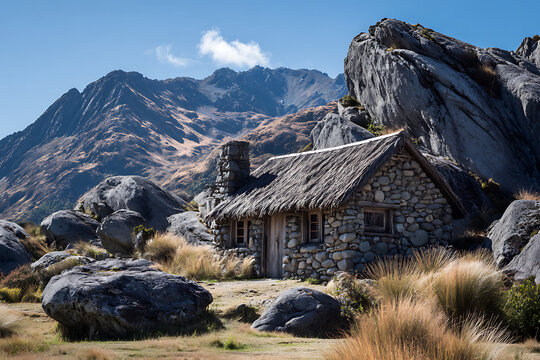Rustic Stone Cabin Nestled Amidst Majestic Rocky Mountains.