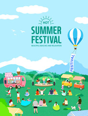 Obraz premium Summer Festival Poster With Food Trucks Hot Air Balloon And Outdoor Event 