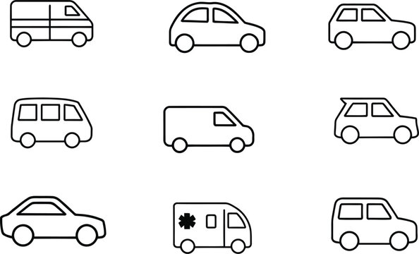 Various vehicles including cars and vans on white background