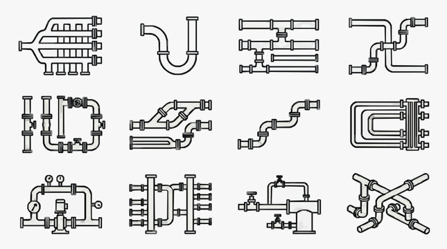 Modern Black and White Line Art Collection of Various Industrial Pipe Fitting Diagrams and Valve Assemblies