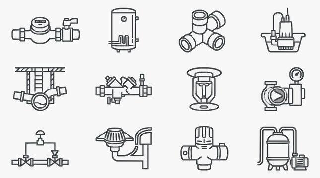 Modern Black and White Line Drawing Icons Set of Various Plumbing Valves Fittings and Equipment