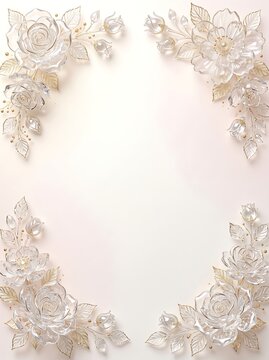 Elegant clear crystal floral corner decorative borders on a soft pale background with ornament decoration luxurious gemstone transparent botanical invitation background artistic abstract