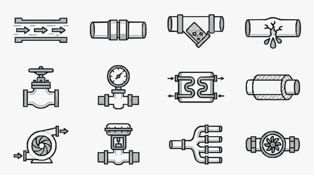 Sleek Black and White Line Icons Set of Various Plumbing Fixtures and Fluid Dynamics Components