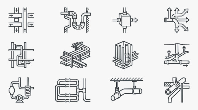 Minimalist Black and White Line Art Collection of Various Plumbing Fixtures Valves and Pipe Junctions