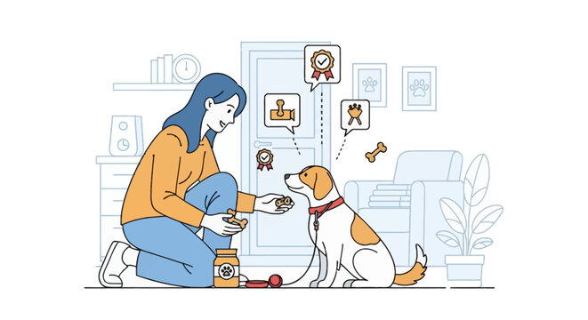 Vector illustration of woman kneeling in a room giving a bone treat to a dog, including training icons for obedience and achievement, flat line art style with interior decor.