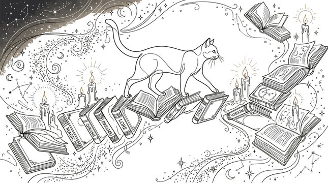 A mystical cat walks on books under a starry night sky with candles and celestial elements surrounding it in a dreamy illustration with magic and wisdom themes.