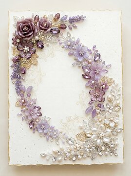 Exquisite handmade greeting card featuring a lilac flower wreath with crystals and pearls crystals handmade invitation greeting botanical stationery romantic celebration delicate decorative