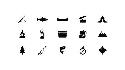 Minimalist black icons set with monochromatic collection twelve stylized icons representing outdoor adventure themes flat black with showcases clean monochromatic © Sourabh