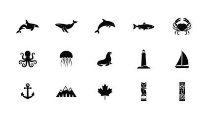 Fototapeta premium Black and white minimalist icons collection featuring marine life coastal symbols with high contrast collection fourteen minimalist black silhouettes against neutral background
