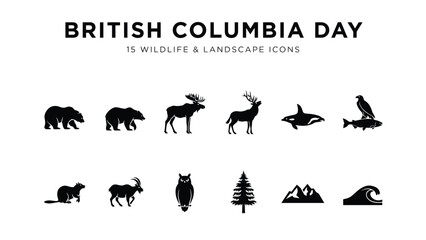 Black and white wildlife and landscape icons set with organized grid against stark white background striking visual contrast thematic unity showcases minimalist collection © Sourabh