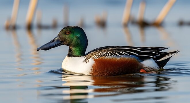 Elegant Mallard Duck Swimming in Calm Water Nature Scene.