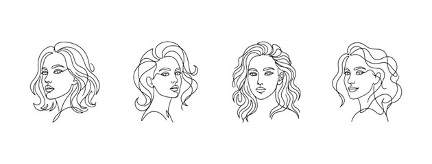 Obraz premium Minimalist Woman Face Line Art Vector Set, Abstract Continuous Single Line Drawings of Female Portraits for Print on Demand