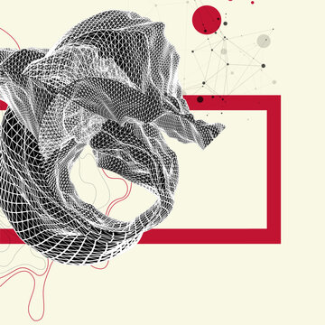 Abstract art composition with wireframe waves, geometric shapes, dots, and lines. Vector