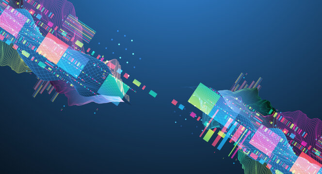 Abstract digital data visualization with colorful neon waveforms, wireframe grids, and geometric glitch elements on a dark blue background.