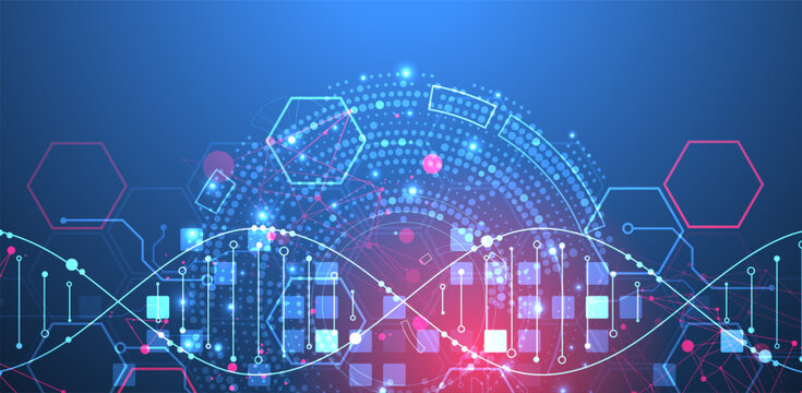 Scientific and technological background. Image of dna molecule with technological elements.