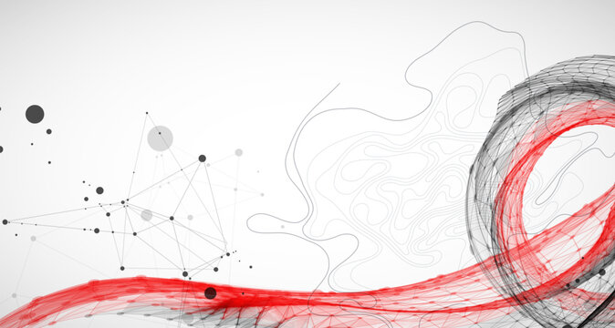 Abstract scientific illustration of  wireframe wave, black and red line art on white background. Vector