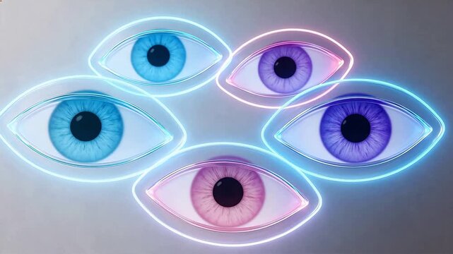 Five glowing stylized eyes