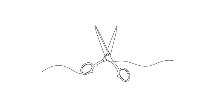 Continuous single line drawing of a pair of scissors tool used for cutting paper and fabric in a minimalist artistic style
