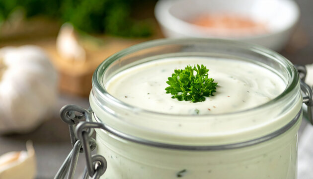 Glass jar of homemade ranch dressing with fresh herbs and garlic. Savory sauce for food. Close-up.