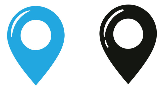 Location pin vector icon set featuring solid blue and black map markers for navigation, GPS, mapping and destination concepts, vector, designs