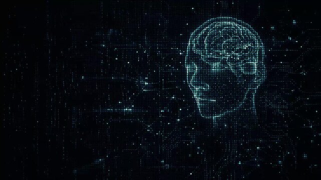 A pixelated human face created using binary code and data points against a dark, tech-inspired backdrop.