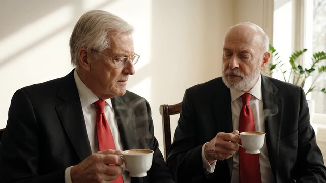 Two Senior Businessmen in Formal Suits Discussing Over Coffee in Bright Office Setting