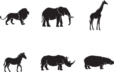 Fototapeta premium Black silhouettes of african safari animals, lion, elephant, giraffe, zebra, rhino, and hippo