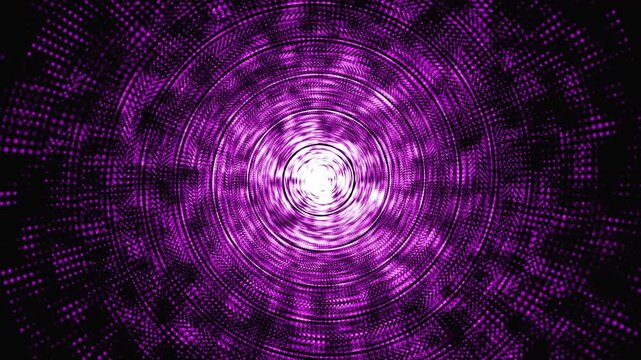 An abstract purple light tunnel of shining dots and concentric circles on a dark background, a dynamic vortex of energy with a bright center.