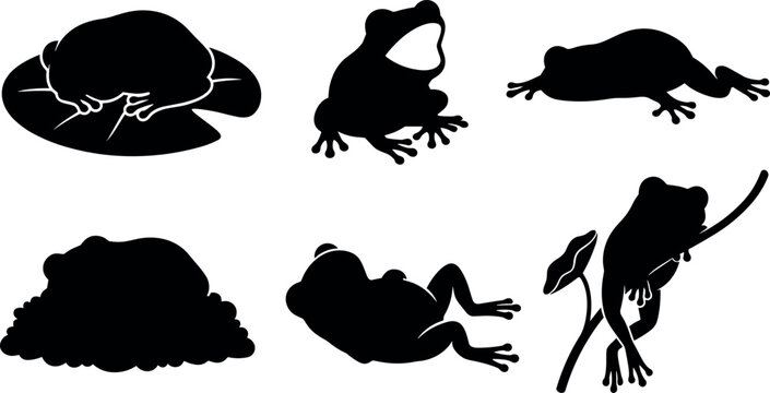 Natural Frog Silhouette Vector Icon Set Featuring Various Natural Behaviours Sleeping Crawling Climbing Reclining and Crofting for Swamp Wildlife Graphic Designs