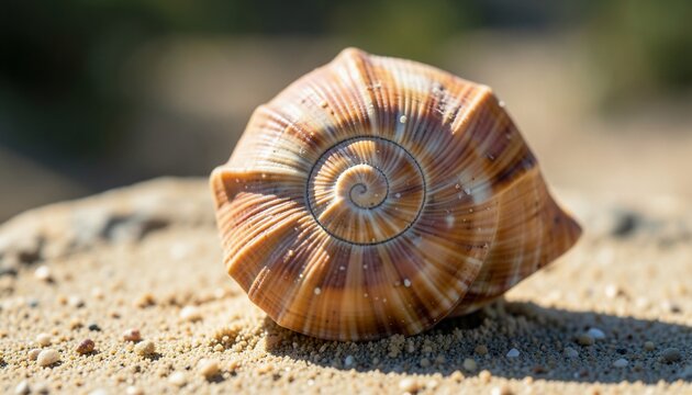 Close up of a brown striped spiral seashell on sand with a blurred coastal background