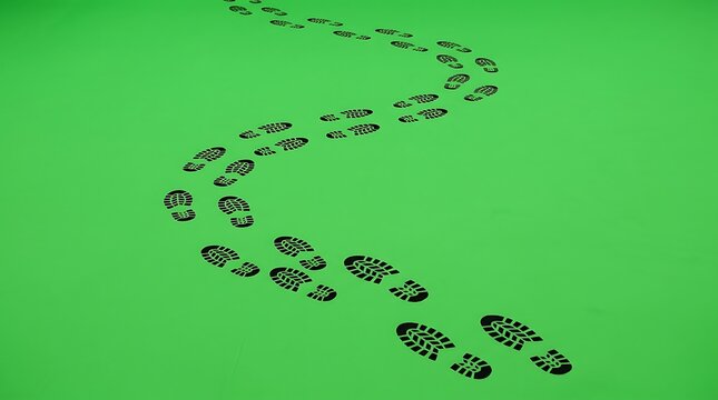 Black Shoe Footprints Curving Across Bright Green Surface