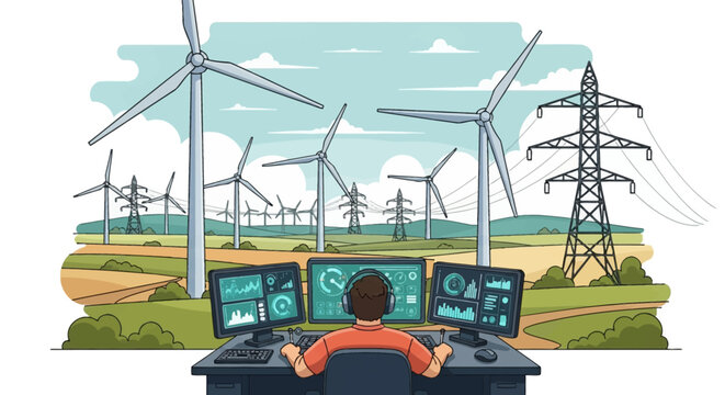 Flat vector illustration of an operator monitoring wind farm operations on multiple computer displays with large turbines, electricity transmission towers, and green rolling hills.