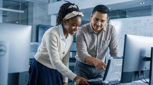 Generative AI, Teacher helping student learn technology on laptop in server room