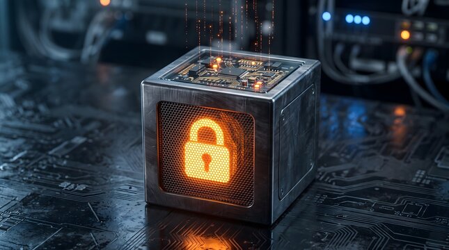 Glowing padlock on metallic cube circuit board for cybersecurity.