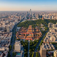 Obraz premium Aerial View of Historic Palace Complex Surrounded by Modern City at Sunset
