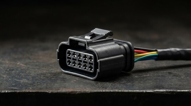 Automotive electrical wiring harness connector with multi-colored cables.