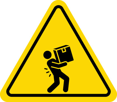 Heavy lifting warning sign vector icon with person carrying heavy box and back pain injury