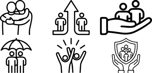 Naklejka premium Social support and care line icons set representing community connection inclusion protection unity