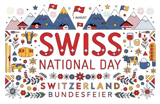 Swiss National Day Celebration August 1: Mountains, Flag, Alphorn, Goat, Edelweiss Illustration, Swiss National Day Celebration 1 August Typography