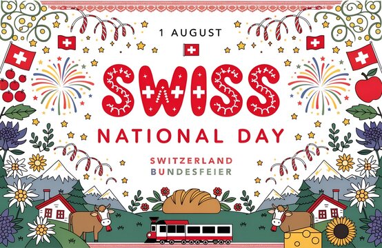 Swiss National Day Celebration August 1: Mountains, Flag, Alphorn, Goat, Edelweiss Illustration, Swiss National Day Celebration 1 August Typography