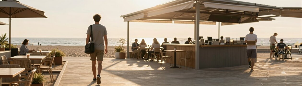 Captures Moment In Outdoor Caf To Late Afternoon Early Evening Based On Warm Golden Hue Of Sunlight Bathing Scene Main Subject Man