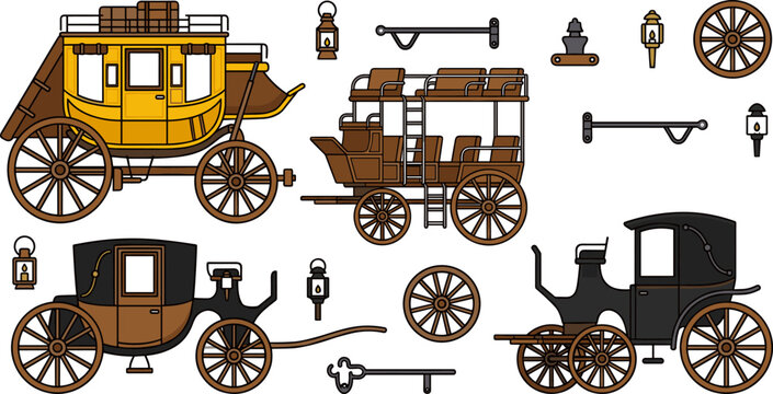Vintage wild west stagecoach and carriage collection vector illustration with historical transport passenger coach lanterns and wooden wheels isolated on white background